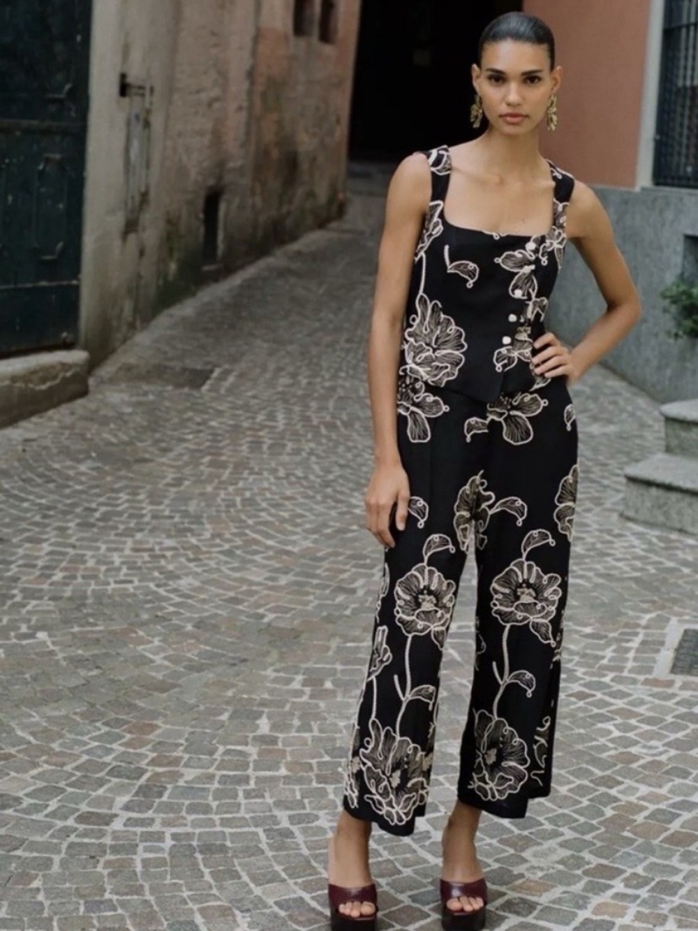 Zara Black Jumpsuit with Ecru Floral Embroidery